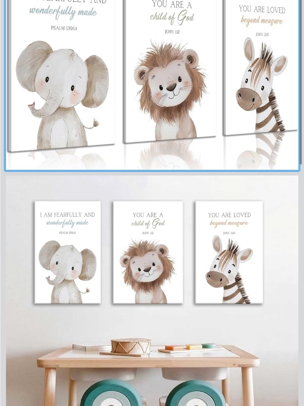 Neutral Safari Animal Nursery Wall Art Trio - Elephant Lion Zebra